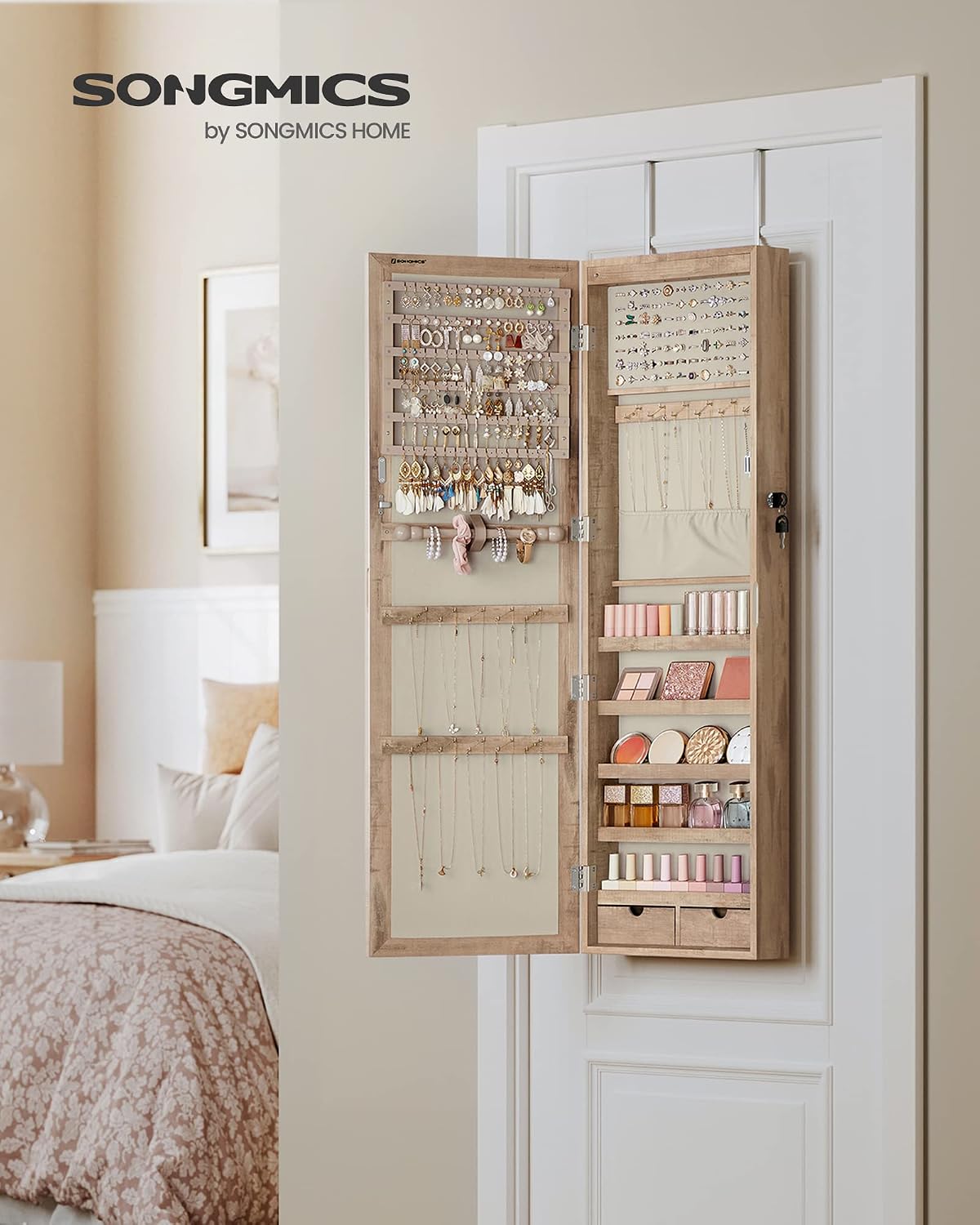 songmics 6 leds mirror jewelry cabinet, 47.2-inch tall shown in use
