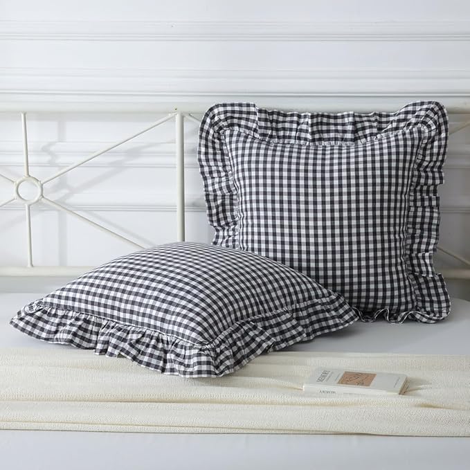 Black/White Plaid Ruffle Throw Pillow Covers Set of 2, Checkered Washed Cotton by Mywinlle