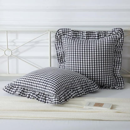 Black/White Plaid Ruffle Throw Pillow Covers Set of 2, Checkered Washed Cotton by Mywinlle