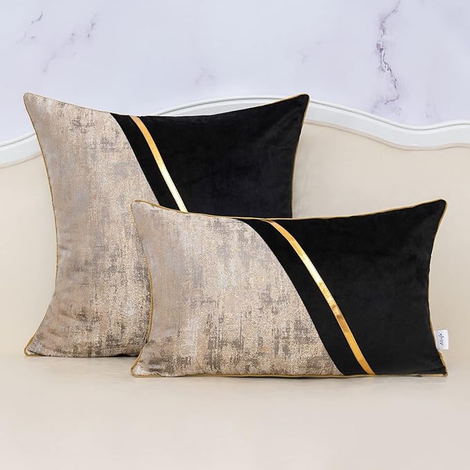 Alerfa 20 x 20 Inch Black Beige Gold Leather Patchwork Velvet & Polyester - Image 3