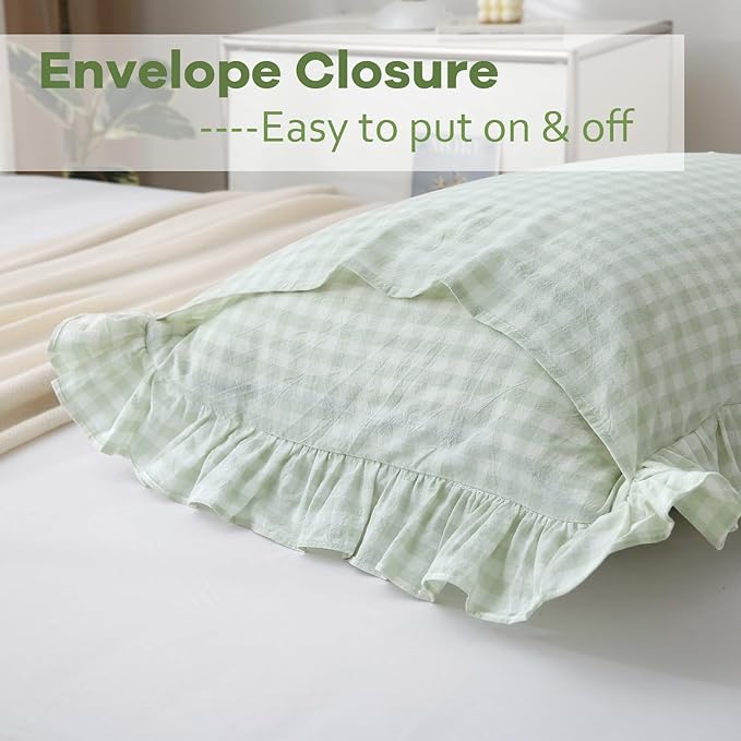 2 Pack Pile Green White Plaid Ruffle Gingham Euro Shams Pillow Covers, 100% - Image 4