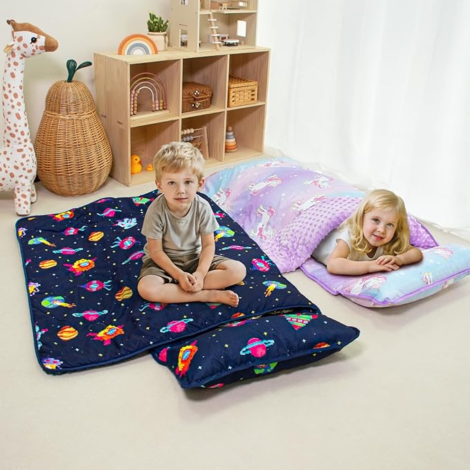 Toddler Nap Mat with Pillow and Minky Blanket, Large 55"x35" Sleeping Bag - Image 3