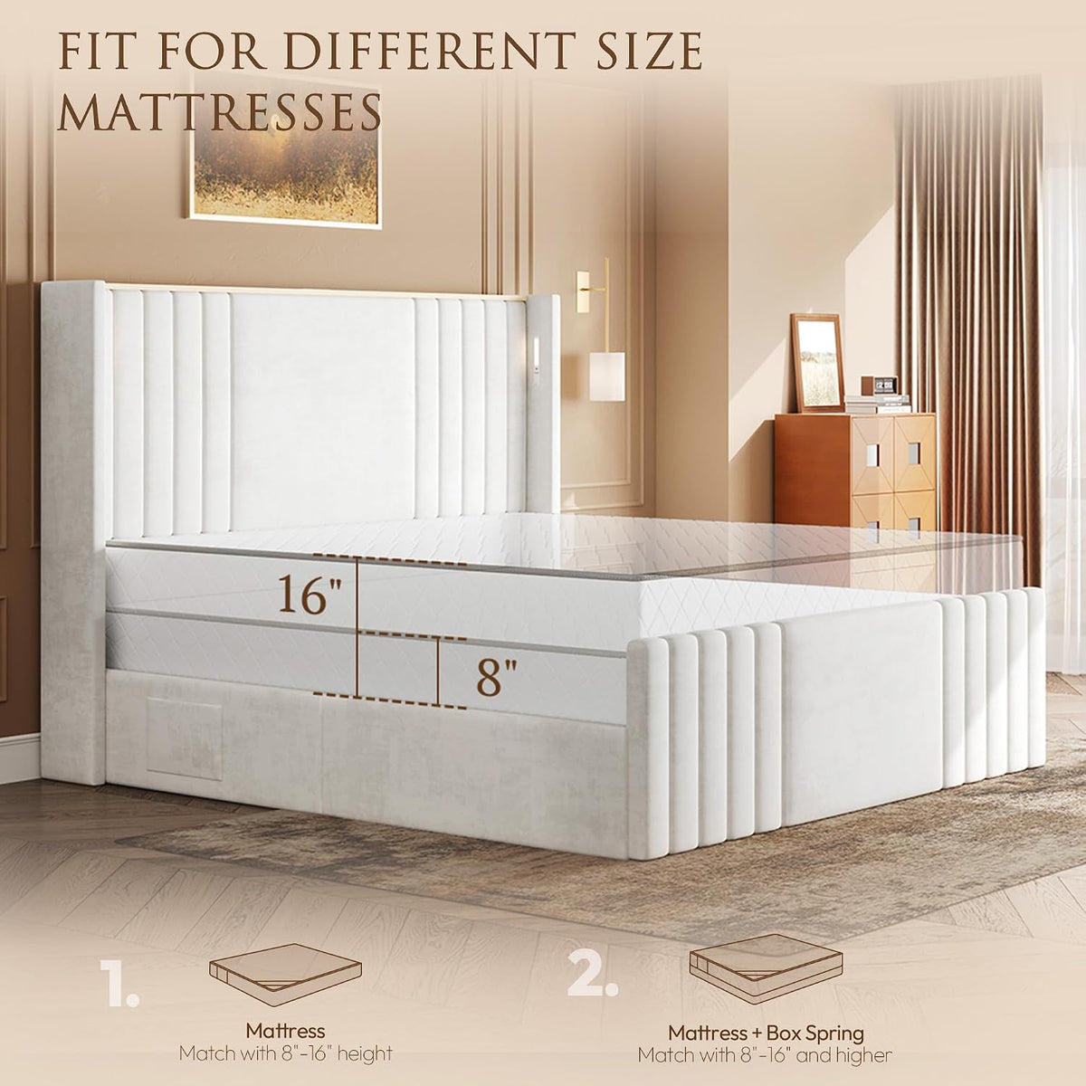 55" tall queen size platform bed frame with showing dimensions