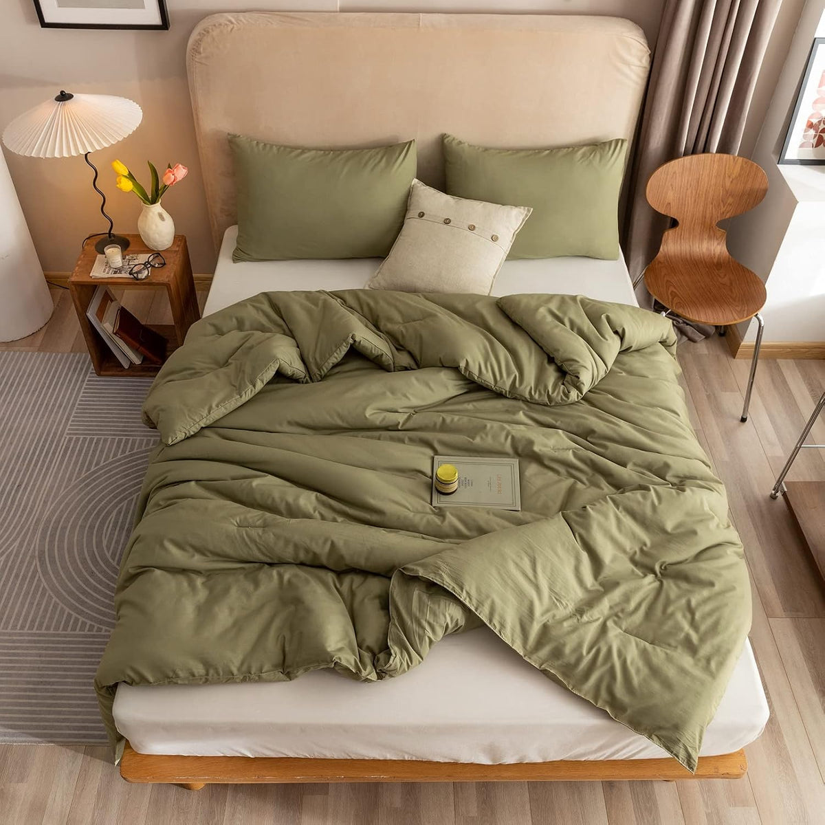 rosgonia queen comforter set olive green, 3pcs bedding showing dimensions