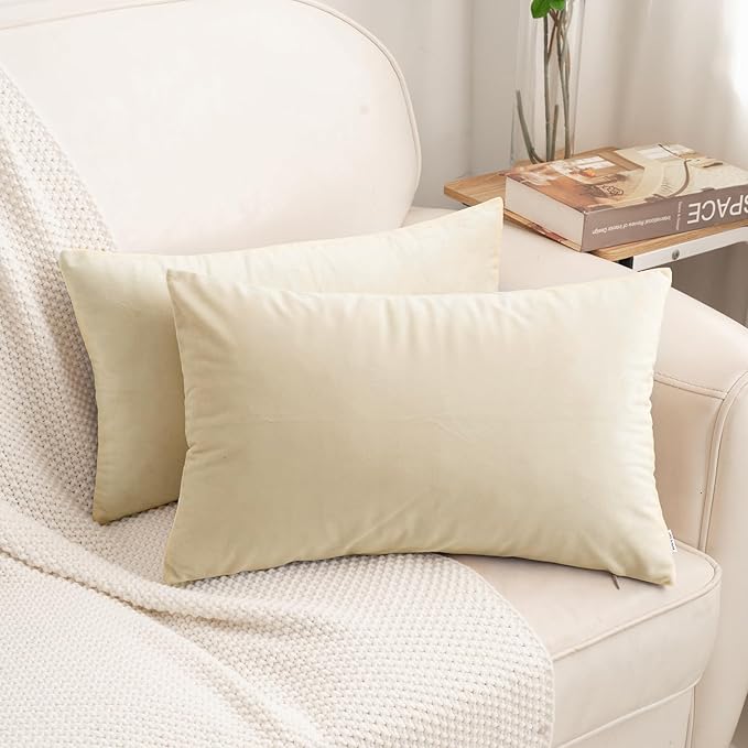 HWY 50 Cream White Velvet Rectangular Throw Pillow Covers 12x20 Inch by HWY50