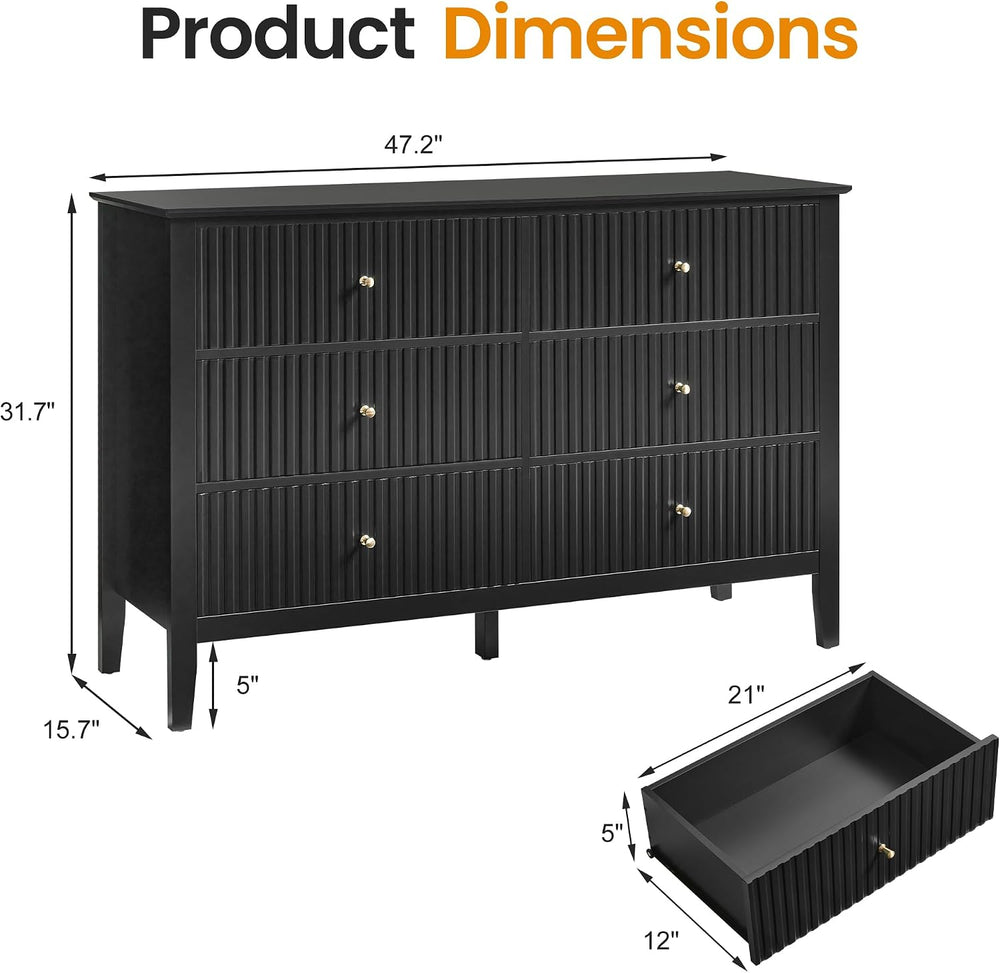 RoyalCraft Black 6 Drawer Dresser, Fluted Dresser for Bedroom
