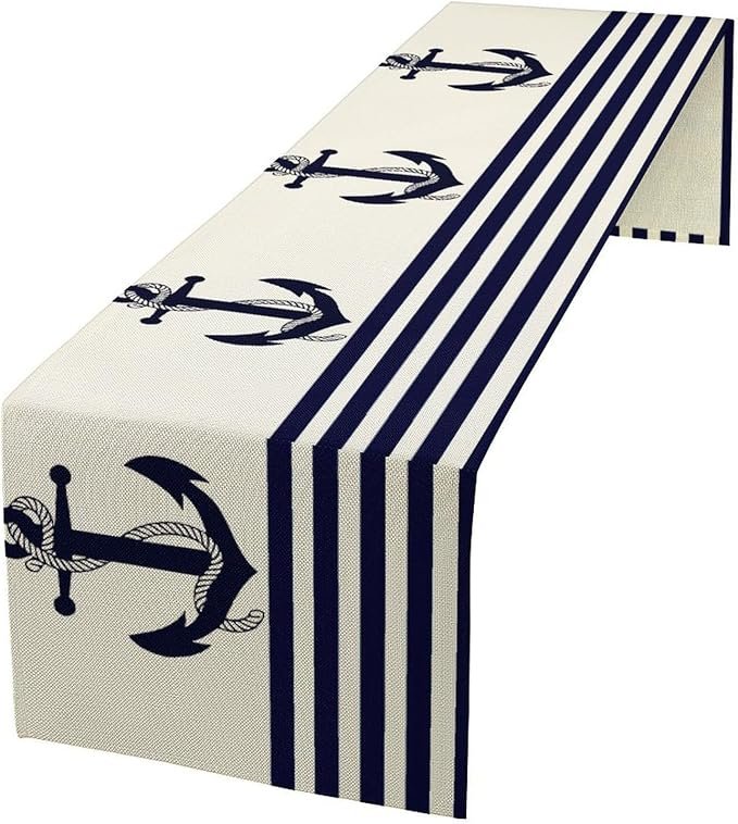 Nautical Anchor Table Runner Vintage Geometric Stripe Modern Sea Adventure by Unknown