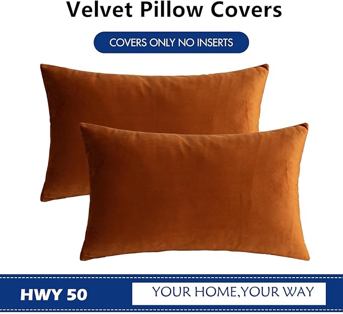 HWY 50 Burnt Orange Velvet Rectangular Throw Pillow Covers 12x20 Inch - Image 6