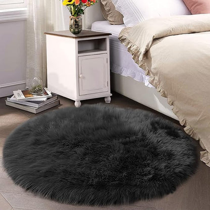 Latepis Black Shag Round Rug 5ft Washable Shaggy Circle Rugs Faux Fur Fuzzy - Image 7