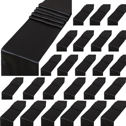 24 Pack Black Table Runners 12 x 108 Inches Long Smooth Satin Silk Black Halloween Table Runner for Party Wedding Birthday Banquet Decoration