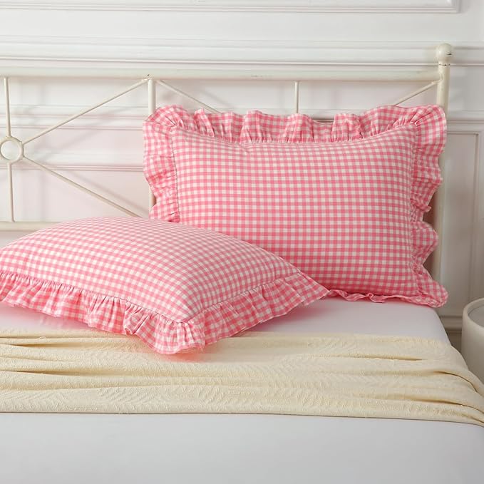 Vintage Light Pink Plaid Ruffle Pillow Shams Standard Size Set of 2, Washed - Image 2