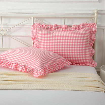 Vintage Light Pink Plaid Ruffle Pillow Shams Standard Size Set of 2, Washed - Image 2