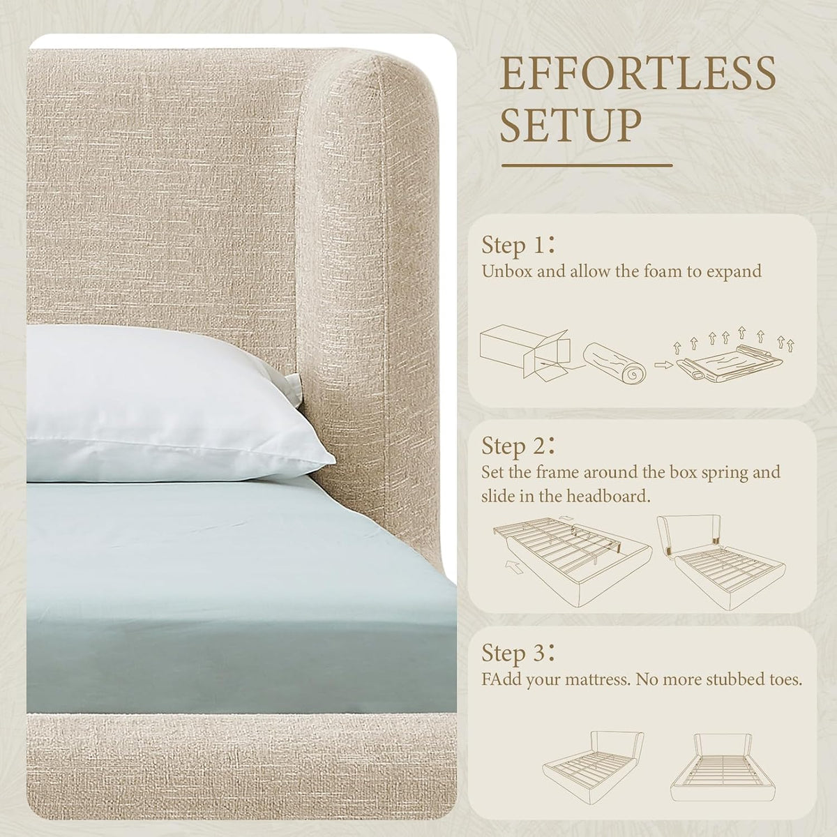 yechen queen platform bed frame, upholstered queen bed, front angle view