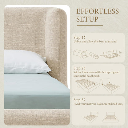yechen queen platform bed frame, upholstered queen bed, front angle view