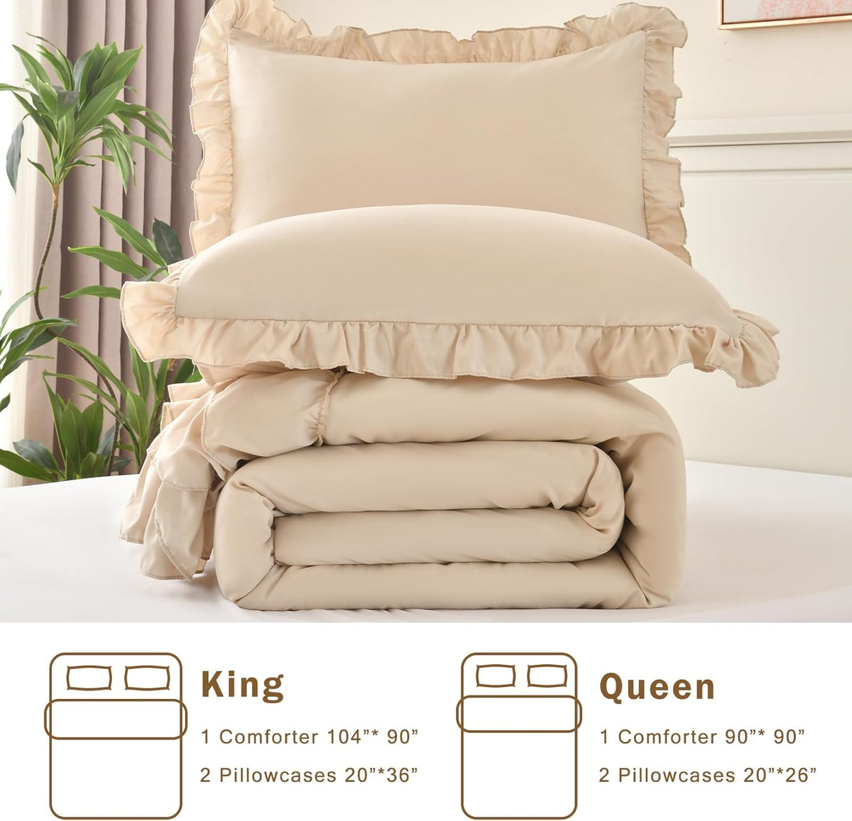 cupocupa beige queen comforter set, 3pcs comforters ruffle, package contents