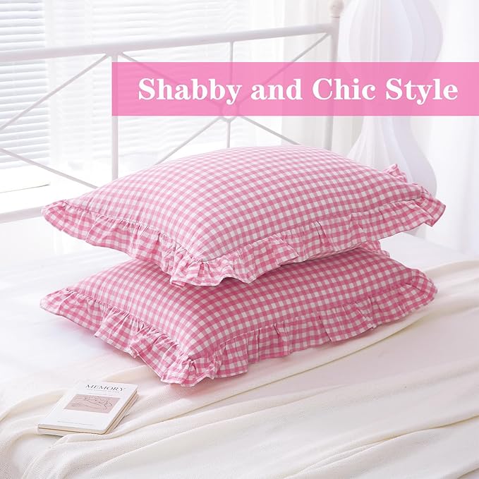 2 Pack Pink and White Plaid Ruffle Gingham King Size Pillow Shams, 100% Washed - Image 3