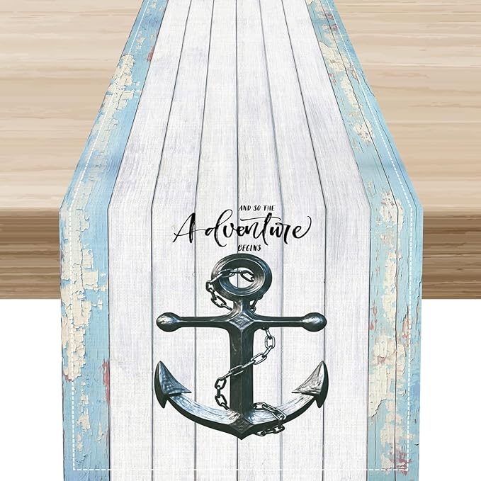 Nautical Anchor Table Runner, Retro Coastal Ship Anchor Wooden Plank Vintage by Unknown