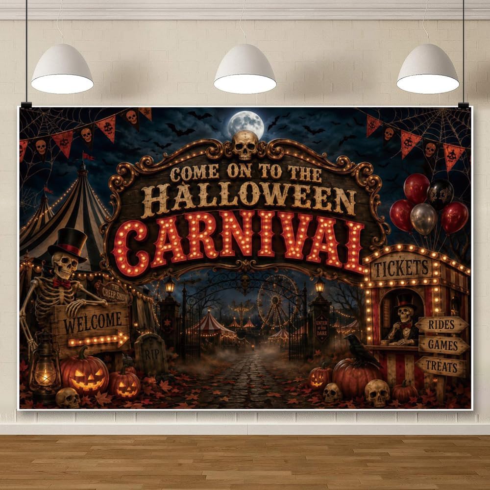 Halloween Carnival Backdrop Spooky Night Skull Haunted Circus Photography Backgrounds Horror Halloween Party Decorations Photo Booth Props Vinyl 10x8ft