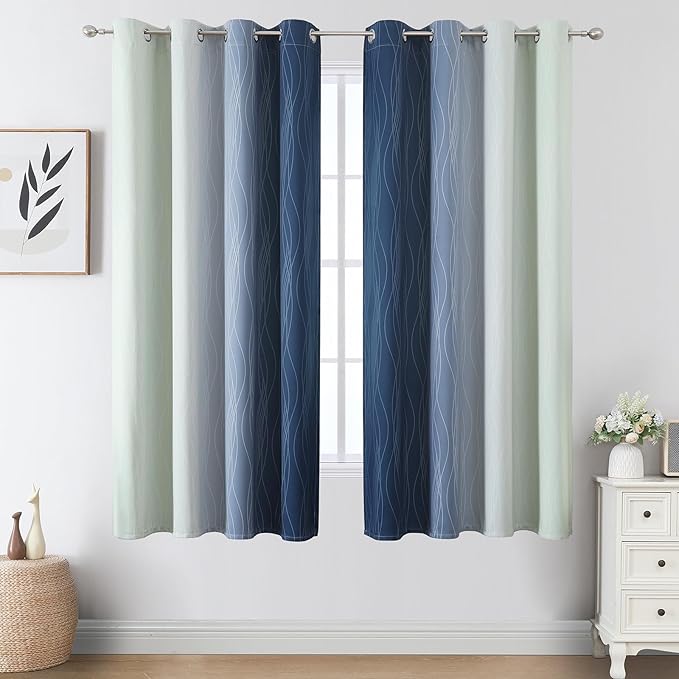 Estelar Textiler Navy Blue and Sage Green Ombre Blackout Curtains 63 Inch - Image 2