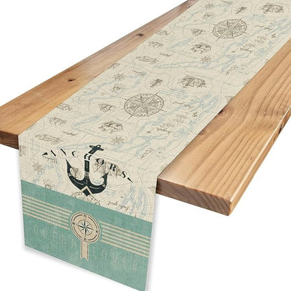 Nautical Table Runner, Retro Coastal Ship Anchor Treasure Map Compass Vintage - Image 4