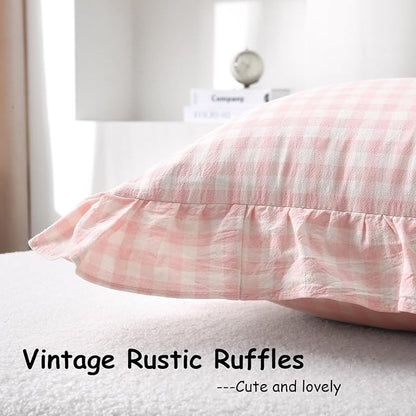2 Pack Blush White Plaid Ruffle Gingham Throw Pillow Covers, 100% Washed Cotton - Image 4