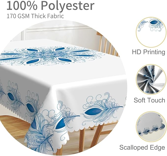 60x120inches Boho Floral Print Tablecloth Blue White Bohemian Floral Pattern - Image 3
