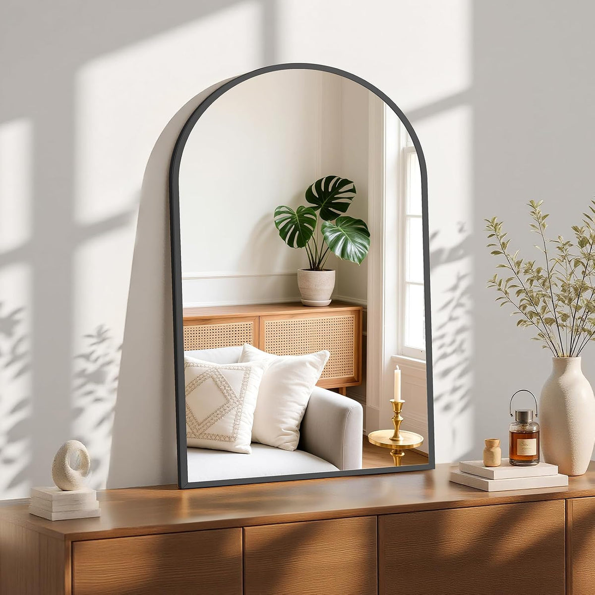 sweetcrispy 24"x36" arched black bathroom mirrors for wall showing dimensions