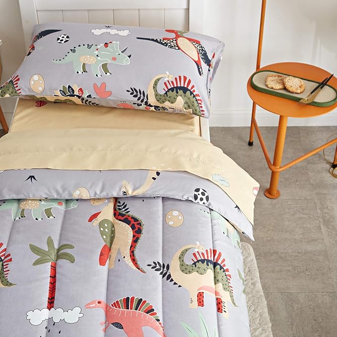UOZZI BEDDING 4 Piece Gray Dinosaurs Toddler Bedding Set - Image 4