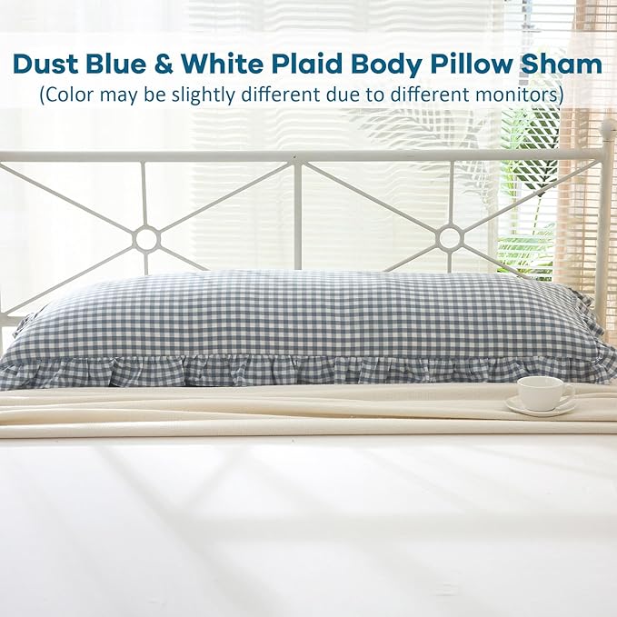 Dust Blue White Plaid Gingham Ruffle Body Pillow Cover, 100% Washed Cotton - Image 2