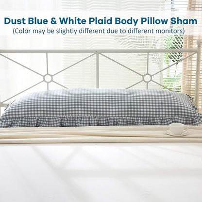 Dust Blue White Plaid Gingham Ruffle Body Pillow Cover, 100% Washed Cotton - Image 2