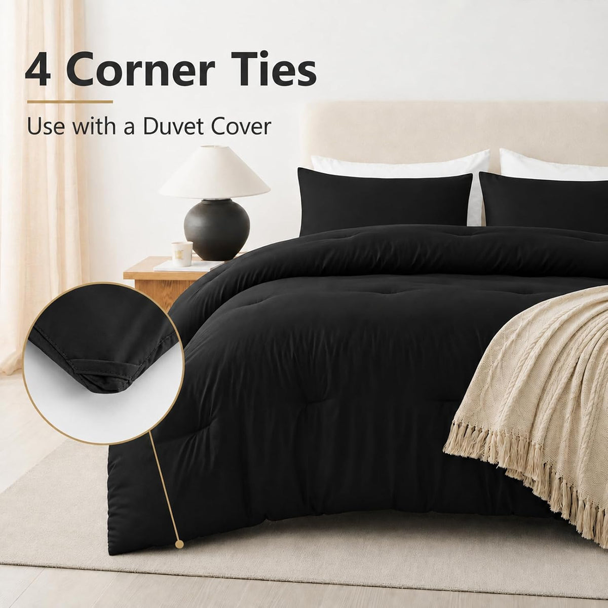 cozylux oversized queen comforter set, 3 pieces black, side view