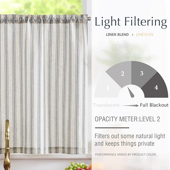 jinchan Striped Kitchen Curtain Linen Farmhouse Cafe Curtain 24 Inch Tiers - Image 5