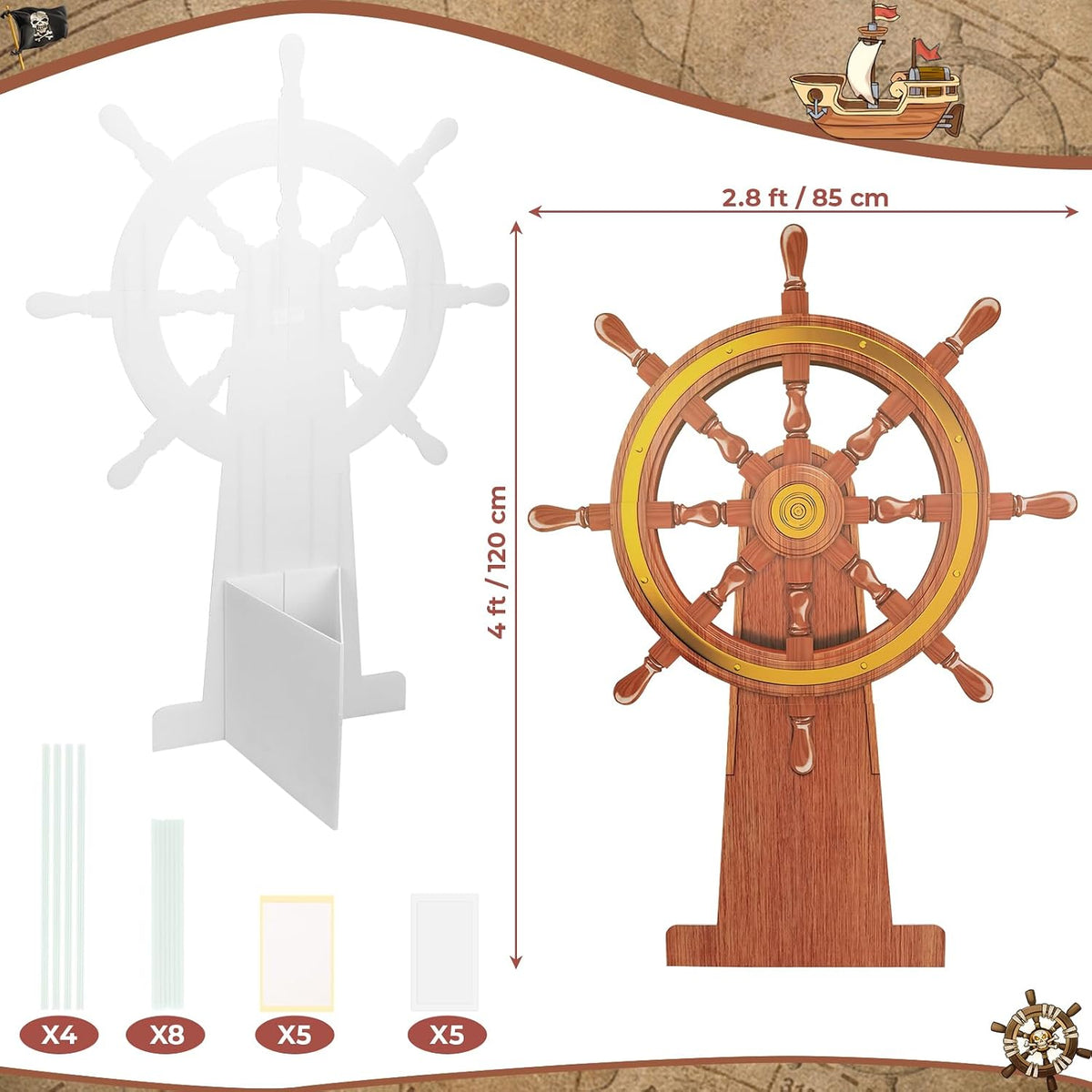4 Feet Ship Wheel Cardboard Cutout Standup Nautical Party Decoration Large Pirate Ship Wheel Photography Prop Party Back Drops Halloween Decor