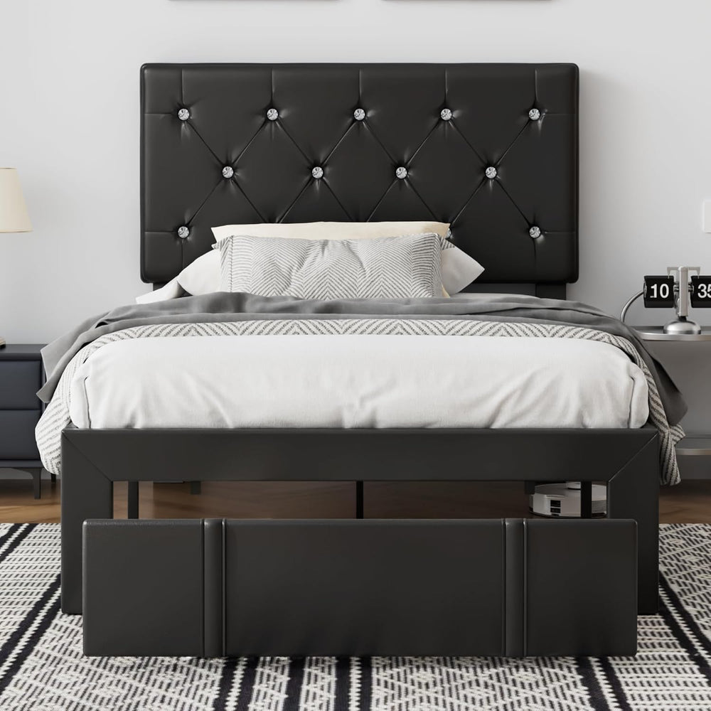 VECELO Twin Size Bed Frame with Storage Drawers, Leather Upholstered Bedframe...