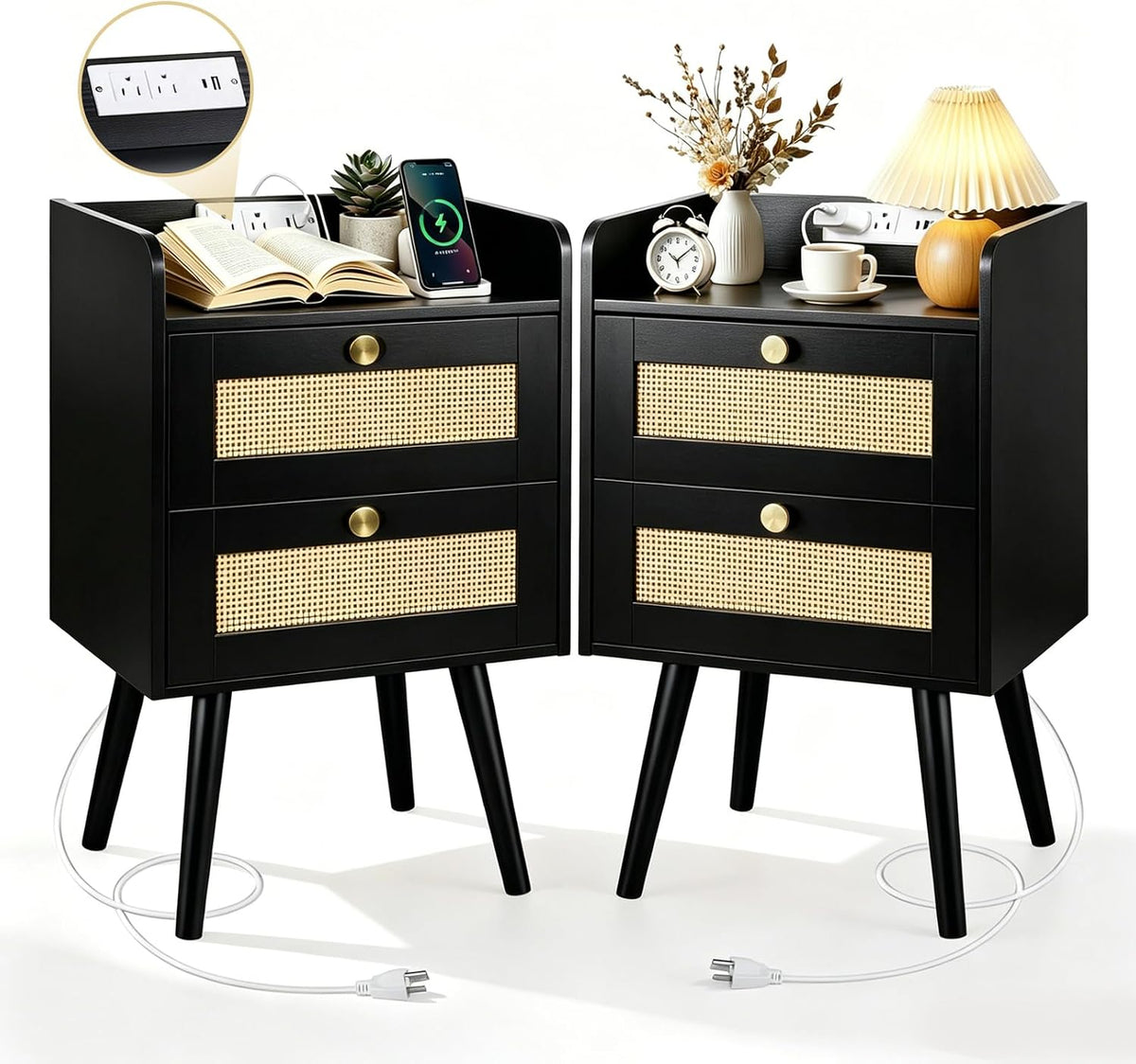 rattan nightstands set of 2, boho bedside table, main product view