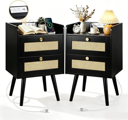 rattan nightstands set of 2, boho bedside table, main product view