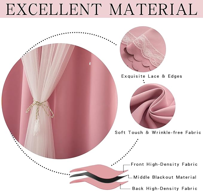 Pink Blackout Curtains for Girls Bedroom Cute- Aesthetic Star Cutout Double - Image 3