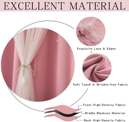 Pink Blackout Curtains for Girls Bedroom Cute- Aesthetic Star Cutout Double - Image 3