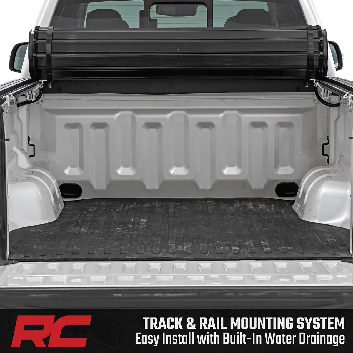 rough country hard roll-up bed cover showing dimensions