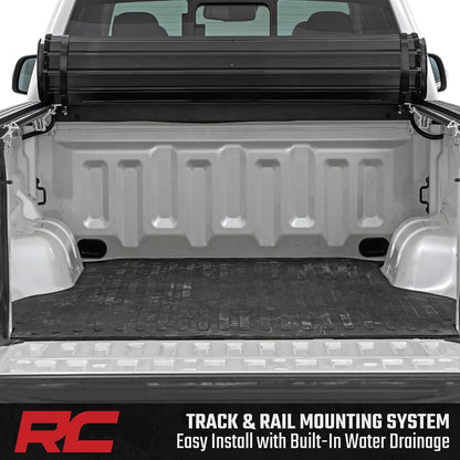 rough country hard roll-up bed cover showing dimensions