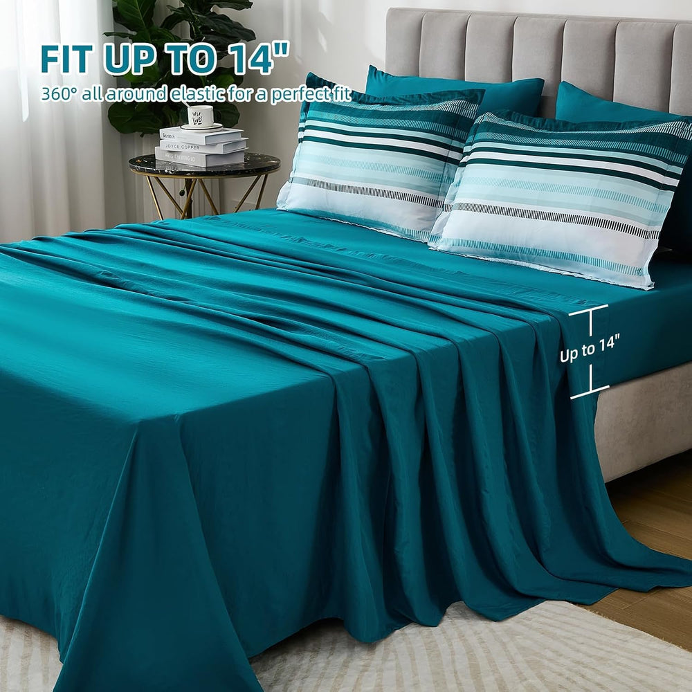 Dobuyly Teal Queen Comforter Set 7 Pieces, Blue Boho Striped Bed in a Bag Que...