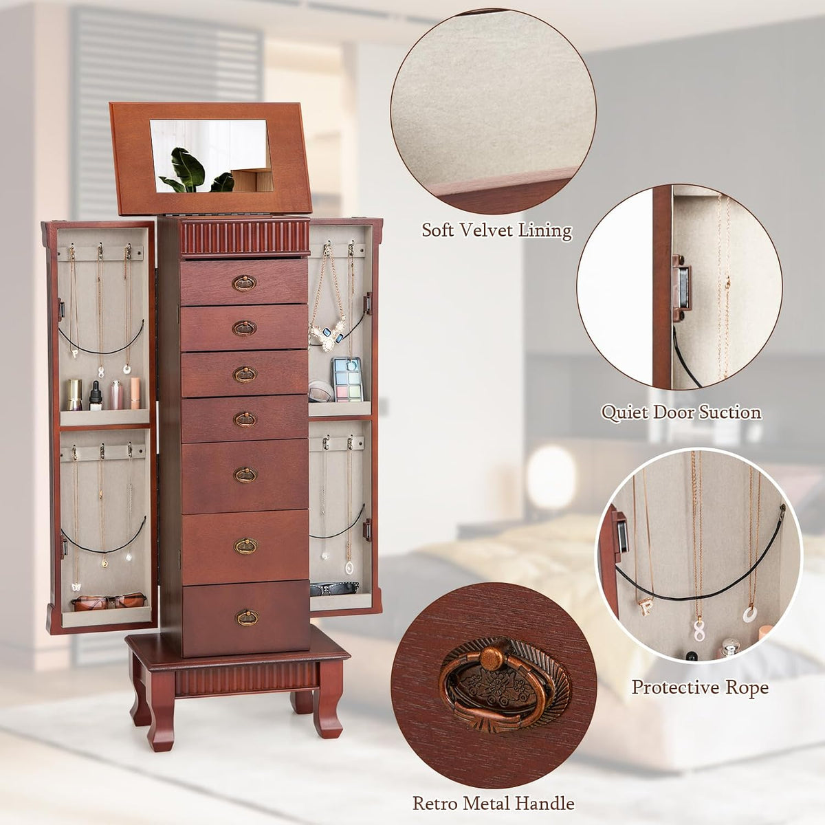 costway standing jewelry armoire, wooden jewelry storage chest on a desk or shelf
