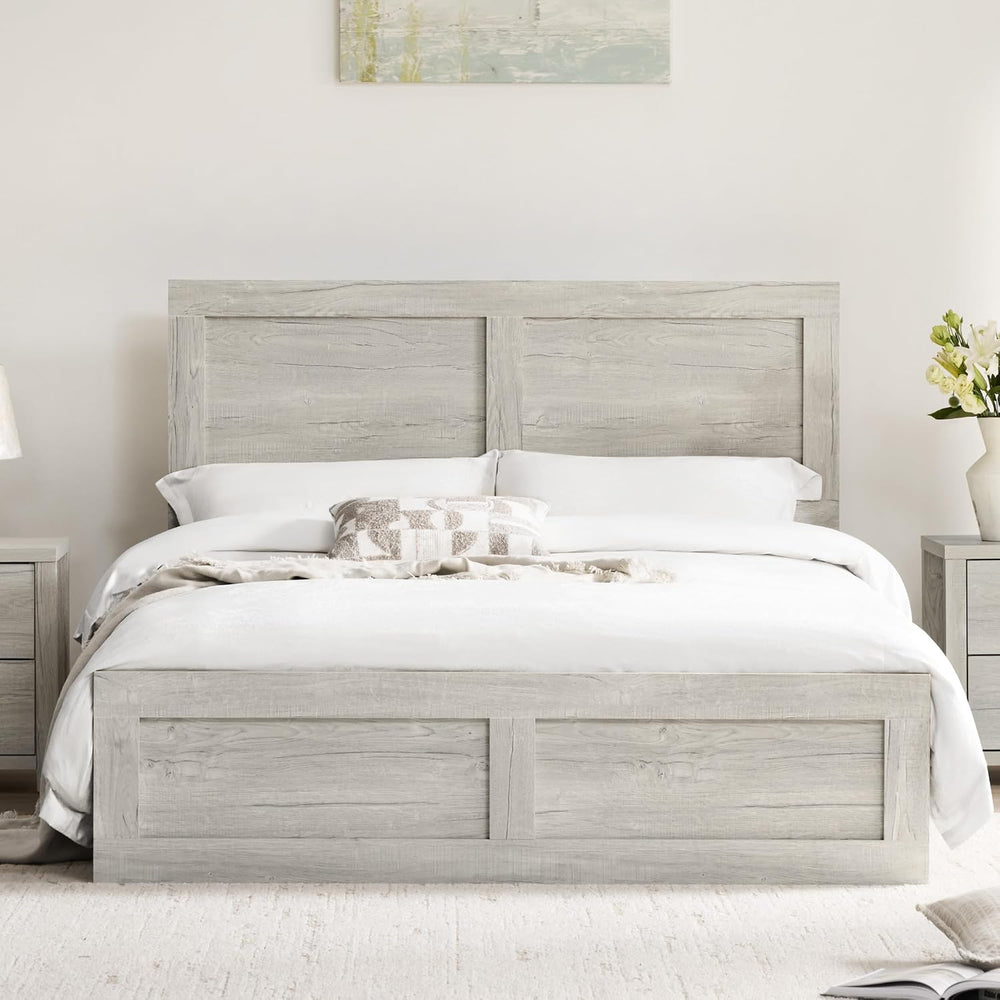 KISLOT Wood Bed Frame with Headboard and Footboard, Light Gray, Queen