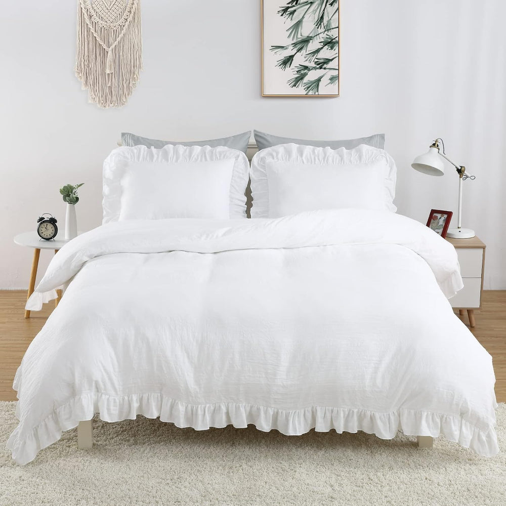 CAROMIO White Ruffle Duvet Cover Queen Size, 3PCS Soft Washed Microfiber Vint...