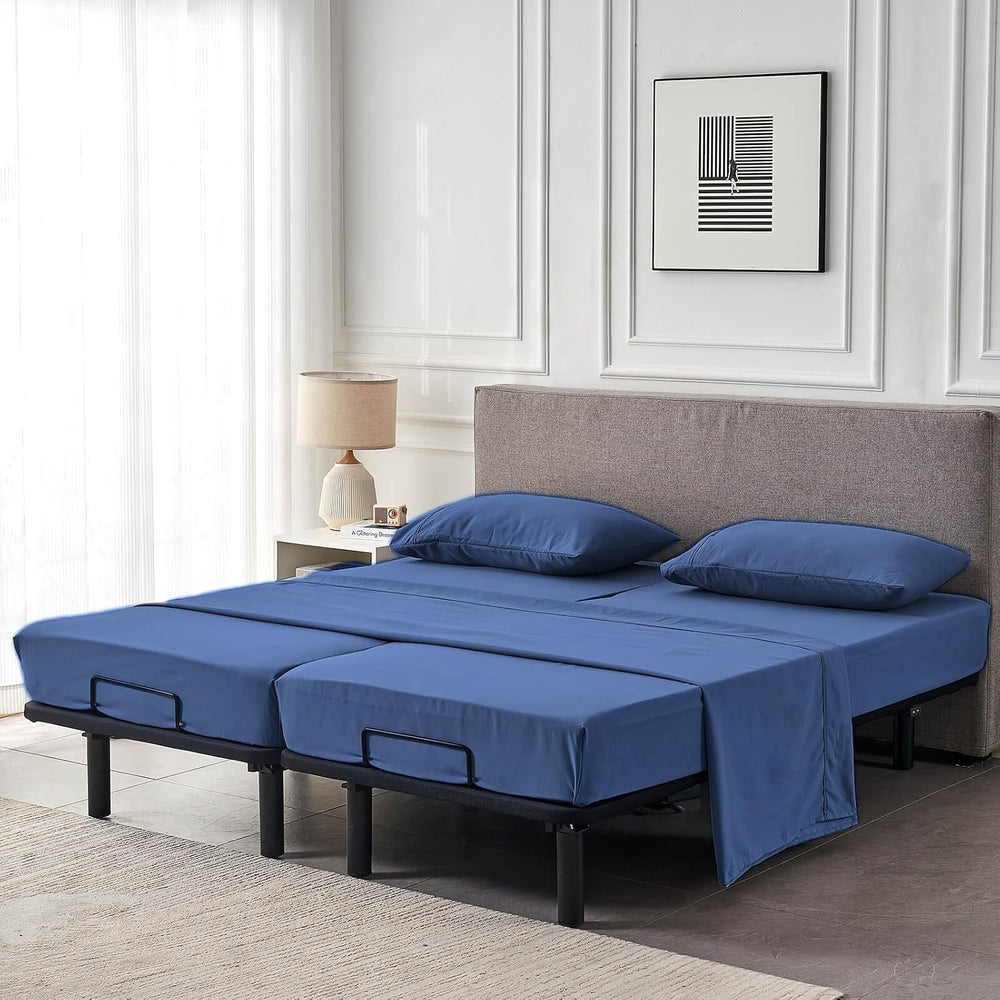 Kingnex Split Queen Sheets Set for Adjustable Bed Navy