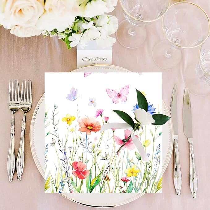 50 Pack Wildflower Floral Cocktail Napkins Disposable Floral Napkins Butterfly - Image 4
