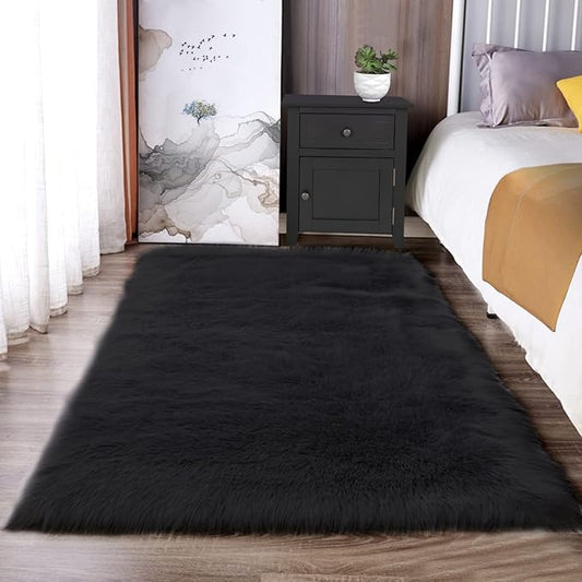 Latepis Black Rugs for Bedroom 3x5 Throw Rug Shag Washable Faux Fur Sheepskin by Latepis