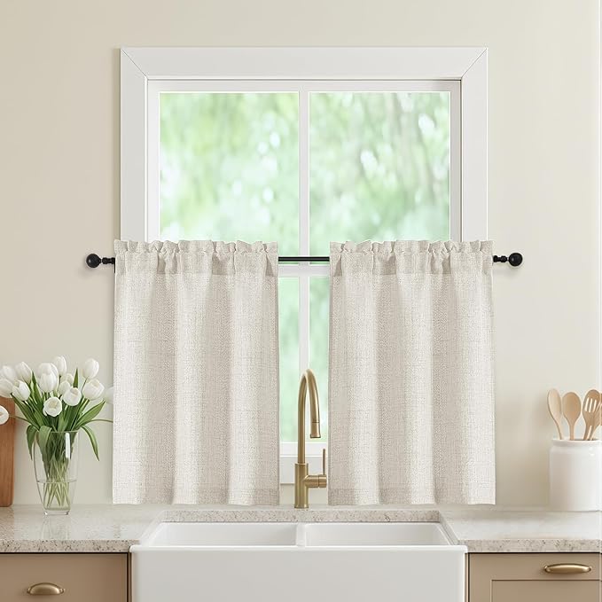 Natural Kitchen Curtains 30 Inch Length 2 Panels, Light Filtering Farmhouse by WelvetBLK