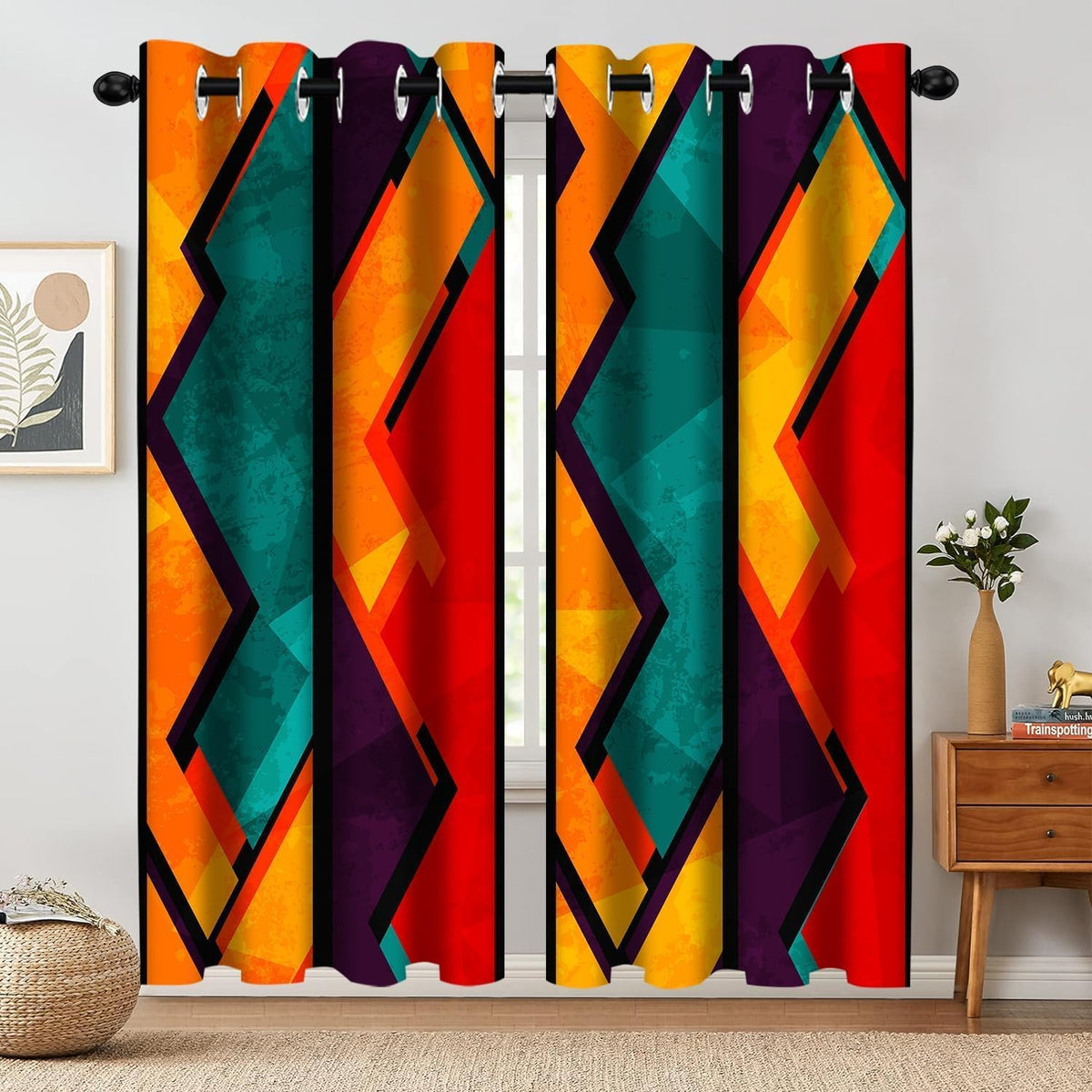 colorful abstract blackout window curtains, geometric red orange, main product view