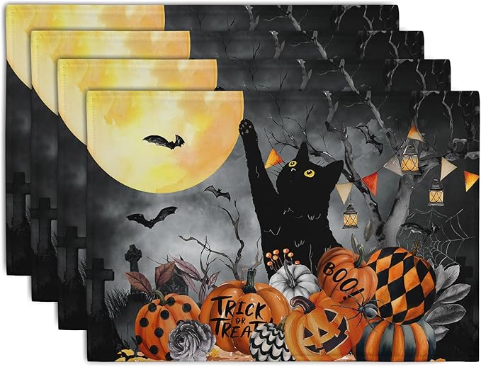 Black Cat Halloween Placemats Set of 4 Spooky Pumpkin Boo Bat Moon Horror Place by Wnoesat